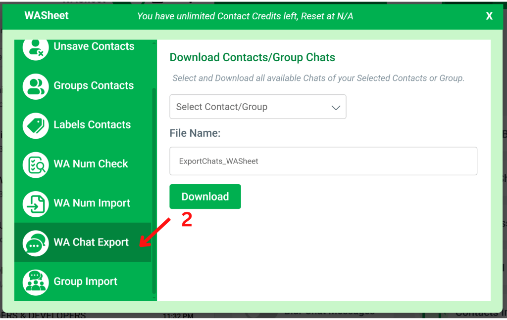 washeet chat export feature