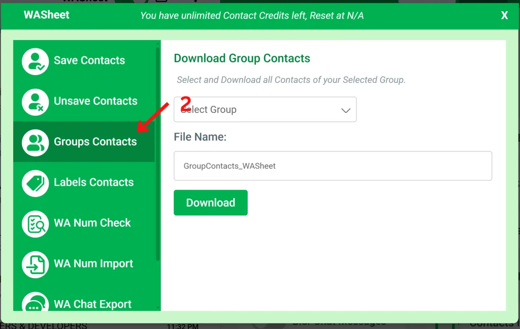washeet group contacts export feature
